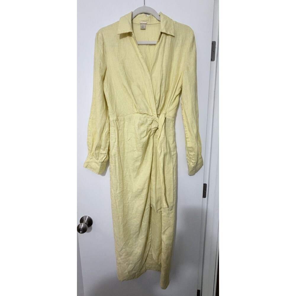 Magaschoni Long Sleeve Butter Yellow  Linen Wrap Midi Dress Size 8 Collared
